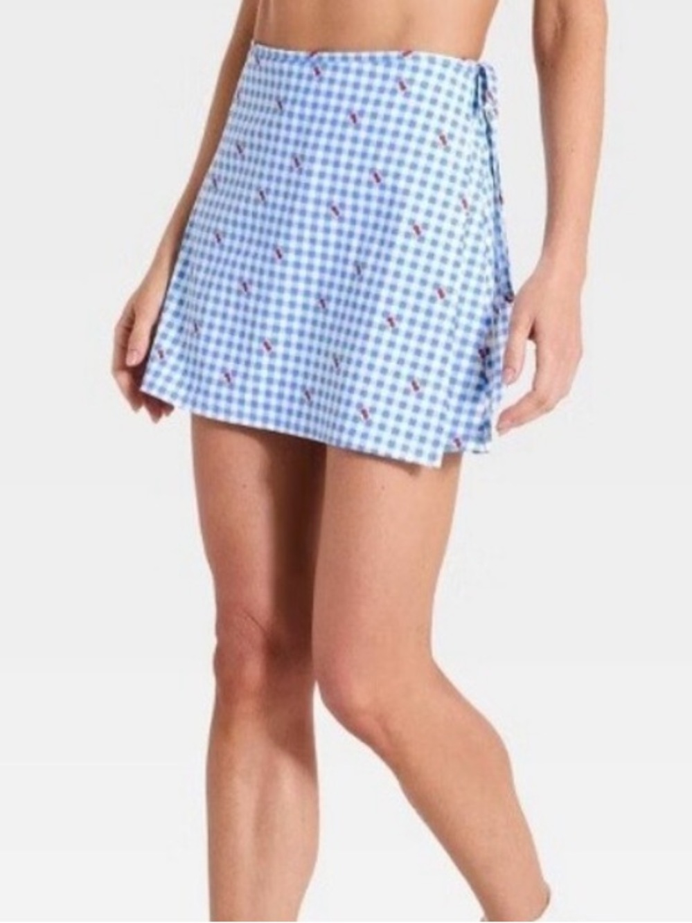 NEW Gingham Wrap Skirt with Red Cherry Print